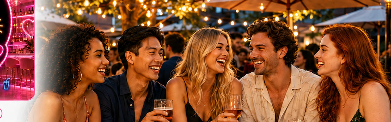 People laughing together at a warm evening social event